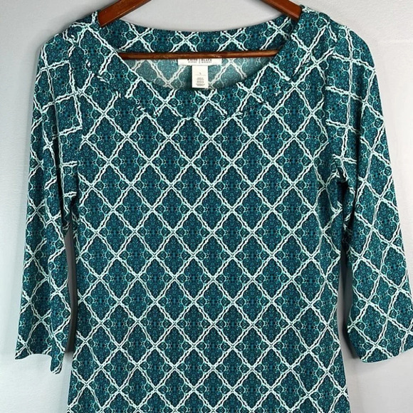 WHITE HOUSE BLACK MARKET Retro Print Dress Green Round Neck 3/4 Sleeve Size S - Picture 3 of 11
